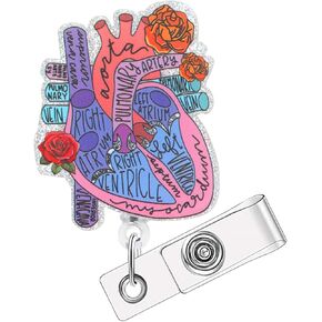 Badge Reels Retractable with ID Clip, Heart Badge Reel Holder Funny Badge Reel, Cardiac Anatomy Medical Assistant Accessories for Nursing Student Teacher Doctor RN LPN CNA (Rose Flower)