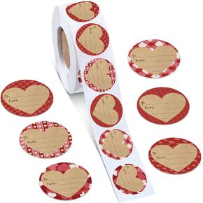 Teling 1000 Pcs Valentine's Day Red Heart Tag Stickers Valentines Gift Label Plaid Dot Stripe Pattern Name Tag Decals Self Adhesive Stickers for Decor