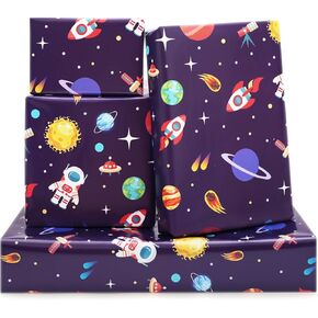 6 Sheets Birthday Wrapping Paper For Kids Girls Boys Women Men, Outer Space Design Wrapping Paper, Space Wrapping Paper Folded Flat 20x28 inches per sheet