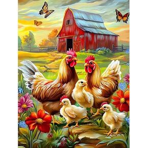 MISCER Chickens Diamond Art Kits for Adults, Rooster Diamond Painting Kits for Beginners, 5D Full Drill Round Paint with Diamonds Pictures, Gem Art Painting DIY Crafts Kit Decor 12x16inch