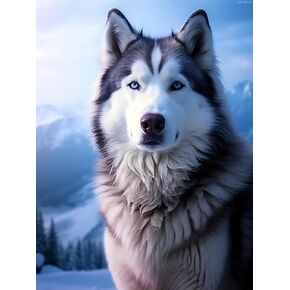 KAYEIUU Husky Dog Diamond Painting, Husky Dog Standing in Snow Mountains Paint by Numbers for Beginners, Full Round Crystal Diamond Art Kits for Room Decor Bathroom Decor 12x16 inch