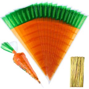 Boao 200 Counts Carrot Carrot Cone Cellophane أكياس تعامل مع حقائب Goody مع 200 قطعة من العلاقات الذهبية لصالح حفلة عيد الفصح