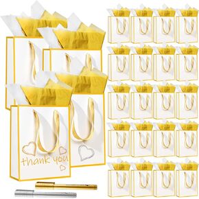 IWOLOMI 24 Pcs Metallic Paper Gift Bags with Handle and Tissue Paper 5 Senses Gift Bags for Him Her with Labels Thank You Bags for Wedding Bridal New Year Party Favors 9 x 4 x 7''(White Gold)