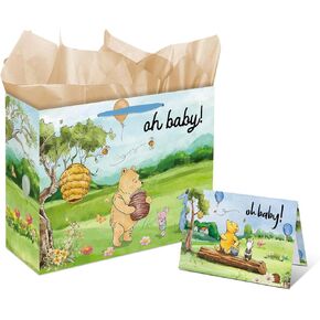 1PCS Winnie Baby Shower Decorations, the Pooh Gift Bag with Double-sided Card and Tissue Paper, Welcome Baby Gift Bags with Handle for Baby Shower, Baby Shower Party Decorations Supplies(13 inch)