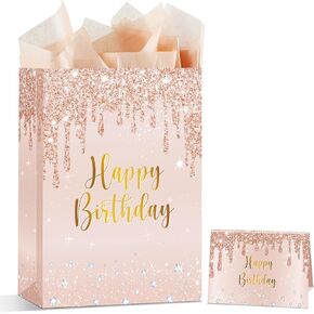 CHUNNIN Rose Gold Birthday Gift Bag with Greeting Card, Wrapping Paper and Party Supplies