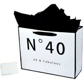 JUNESHE 40th Birthday Gift Bag Large for Men Women, White and Black Gift Bag with Gold Tissue Paper, Novelty 40 Year Old Party Favors Bag Shopping Tote Idea Forty