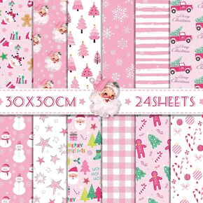 24 Sheets Pink Christmas Craft Paper, Double-Sided Scrapbooking Supplies 11.8x11.8'', Cute Santa Snowman Craft Decorative Paper Folded Flat for DIY Card Making Scrapbook Photo Album Decoration