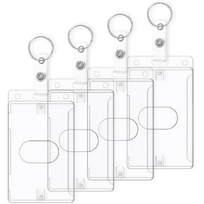 4Pcs Plastic ID Card Holder, Clear Badge Holder with Keyring Card Holder Keychain with Thumb Slot Rigid Fuel Card Holder Credit Card Protector