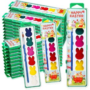36 Set Easter Bunny Watercolor Paint Sets Bulk 6 Colors Washable Paint Sets Quality Water Color Wooden Brushes for Easter Party Favors, Gifts, Art Supplies
