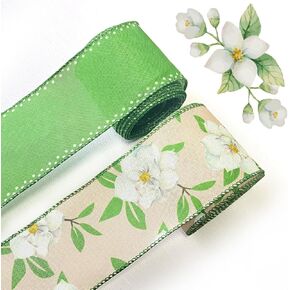 2 Rolls 10 Yards Green Wildflowers Ribbons for Crafting,Retro Floral Wired Edge Ribbon,Spring Burlap Ribbon Bows for Wreaths Basket DIY Crafts Gift Party Bow Decoration, 2.5inch