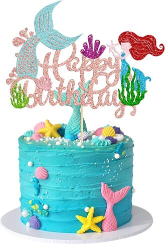 Gyufise 1pcs حورية البحر عيد ميلاد سعيد كعكة عيد ميلاد Topper Glitter Cake Mermaid Pick Seashells Coral Mermaid Tail Cake Decoration For the Sea Baby Shower Party Form in Kuwait