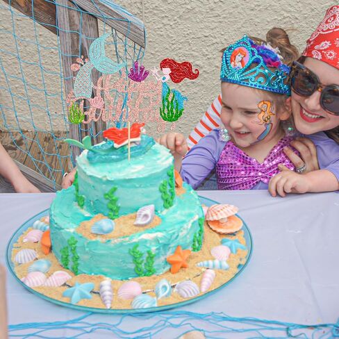 Gyufise 1pcs حورية البحر عيد ميلاد سعيد كعكة عيد ميلاد Topper Glitter Cake Mermaid Pick Seashells Coral Mermaid Tail Cake Decoration For the Sea Baby Shower Party Form in Kuwait