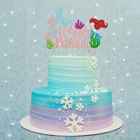 Gyufise 1pcs حورية البحر عيد ميلاد سعيد كعكة عيد ميلاد Topper Glitter Cake Mermaid Pick Seashells Coral Mermaid Tail Cake Decoration For the Sea Baby Shower Party Form in Kuwait