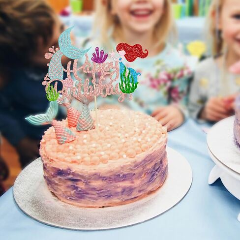 Gyufise 1pcs حورية البحر عيد ميلاد سعيد كعكة عيد ميلاد Topper Glitter Cake Mermaid Pick Seashells Coral Mermaid Tail Cake Decoration For the Sea Baby Shower Party Form in Kuwait