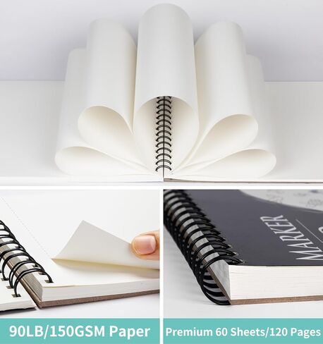 Sketchbook Marker Paper Pad, 90LB/150GSM Thick Sketch Book, 60 Sheets/120 Pages Spiral Bound, Sketch Book for Alcohol Markers, Acrylic Marker, Charcoal Pencil, Ink Pens, Colored Pencil, Oil Pastel in Saudi Arabia