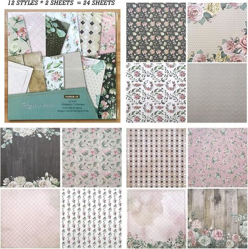 Scrapbooking Paper,Pack of 24 Sheets Designer Paper Pad 12x12 Inches Single-Sided Decorative Origami Scrapbook Paper Supplies Patterned Cardstock for Craft Gift Wrapping Photo Album (PA1902) in Saudi Arabia