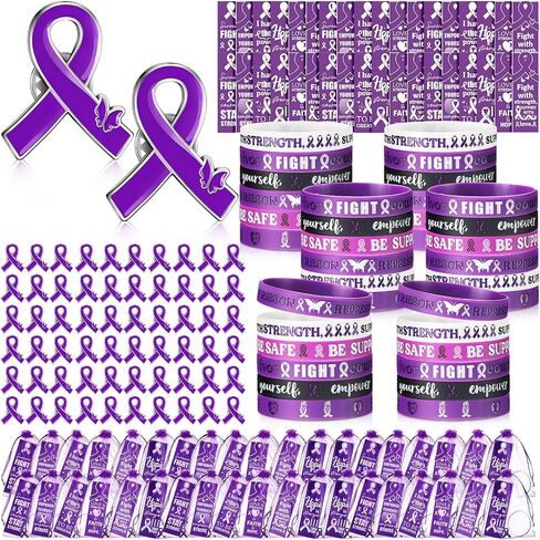 XunYee Purple Ribbon Awareness Silicone Wristband Bracelets with Pins Bookmarks Pancreatic Cancer Lupus Domestic Violence Alzheimer's Awareness Supplies Bulk for Men Women Charity Gifts(Purple) in Kuwait