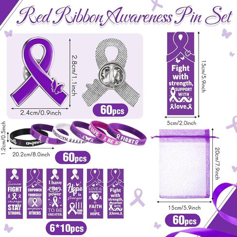 XunYee Purple Ribbon Awareness Silicone Wristband Bracelets with Pins Bookmarks Pancreatic Cancer Lupus Domestic Violence Alzheimer's Awareness Supplies Bulk for Men Women Charity Gifts(Purple) in Kuwait