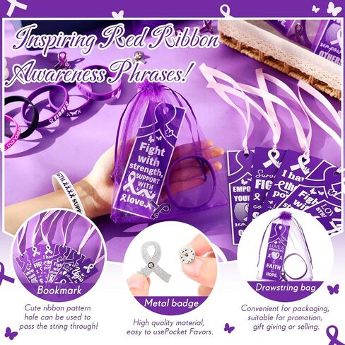 XunYee Purple Ribbon Awareness Silicone Wristband Bracelets with Pins Bookmarks Pancreatic Cancer Lupus Domestic Violence Alzheimer's Awareness Supplies Bulk for Men Women Charity Gifts(Purple) in Kuwait