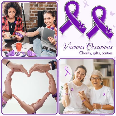 XunYee Purple Ribbon Awareness Silicone Wristband Bracelets with Pins Bookmarks Pancreatic Cancer Lupus Domestic Violence Alzheimer's Awareness Supplies Bulk for Men Women Charity Gifts(Purple) in Kuwait