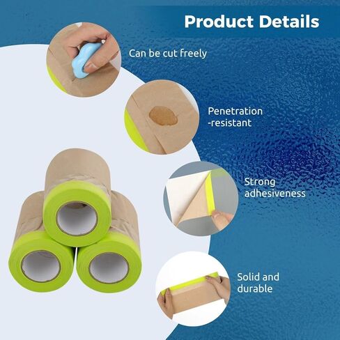 yeesport 4 Rolls Pre-Taped Masking Paper for Painting, 6 in x 50 Ft Tape and Drape Painters Paper, Paint Adhesive Protective Paper Roll for Covering Skirting, Door Frames, Cars in Saudi Arabia