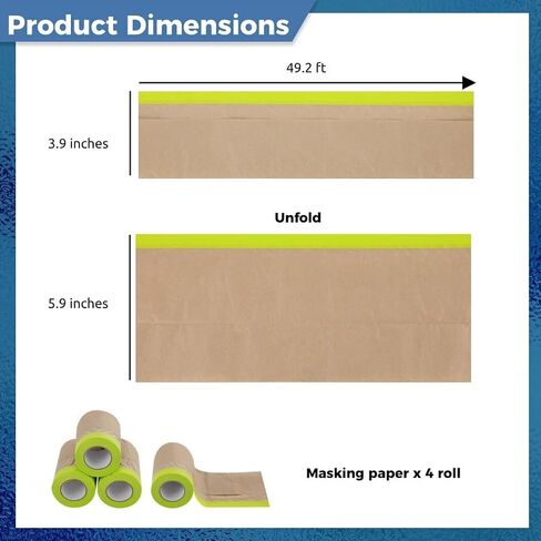 yeesport 4 Rolls Pre-Taped Masking Paper for Painting, 6 in x 50 Ft Tape and Drape Painters Paper, Paint Adhesive Protective Paper Roll for Covering Skirting, Door Frames, Cars in Saudi Arabia