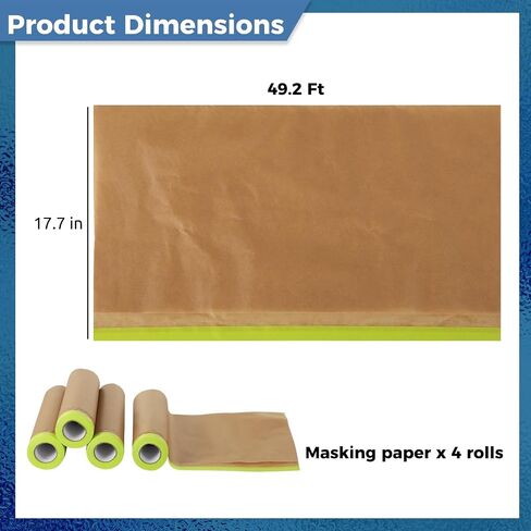 yeesport 4 Rolls Pre-Taped Masking Paper for Painting, 6 in x 50 Ft Tape and Drape Painters Paper, Paint Adhesive Protective Paper Roll for Covering Skirting, Door Frames, Cars in Saudi Arabia