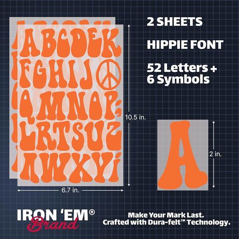 IRON 'EM Orange Iron On Letters for Fabric, Clothing, Custom Tshirt, DIY Craft for Kids, Adults, and Toddlers 2" Dura-Felt Letters for Fabric, Heat Transfer Letters. Hippie Style Font. 2 Sheets in Saudi Arabia