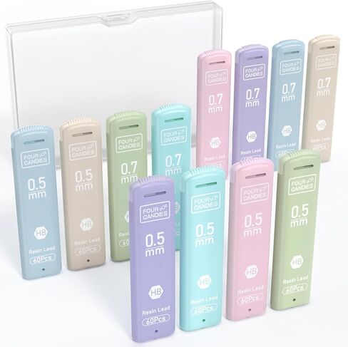 Four Candies 0.7mm Lead Refills in Case, Pack of 720 PCS Black HB #2 Break Resistant Mechanical Pencil Refills, 12 Tubes of 0.7 Lead, 60 Pieces per Tube in Kuwait