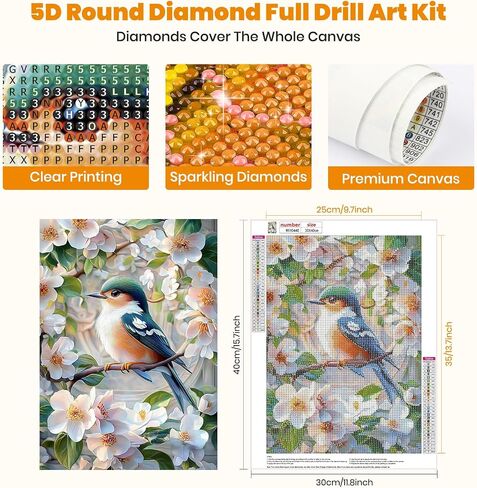 Diamond Art Kits for Adults Birds Flowers, 5D Diamond Painting Kits for Beginners DIY Full Drill Diamonds Painting Pictures, Diamond Gem Art Painting DIY Crafts Kit for Home Wall Decor 12x16inch in Kuwait