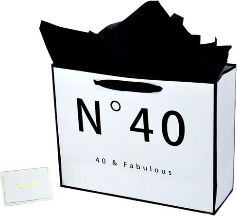 JUNESHE 40th Birthday Gift Bag Large for Men Women, White and Black Gift Bag with Gold Tissue Paper, Novelty 40 Year Old Party Favors Bag Shopping Tote Idea Forty in Saudi Arabia