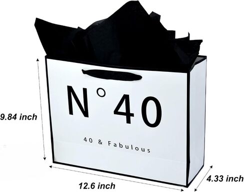 JUNESHE 40th Birthday Gift Bag Large for Men Women, White and Black Gift Bag with Gold Tissue Paper, Novelty 40 Year Old Party Favors Bag Shopping Tote Idea Forty in Saudi Arabia