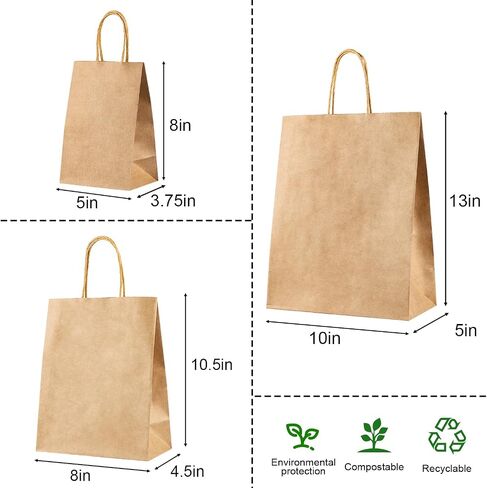 Gitmiws 120 Pack Brown Kraft Paper Paps with Handles ، وأكياس هدايا الورق الحرف البني أحجام متنوعة ، وأكياس ورق البيع بالتجزئة بشكل كبير للأعمال التجارية الصغيرة ، والتسوق ، والبضائع ، و Favors Pavors in Kuwait