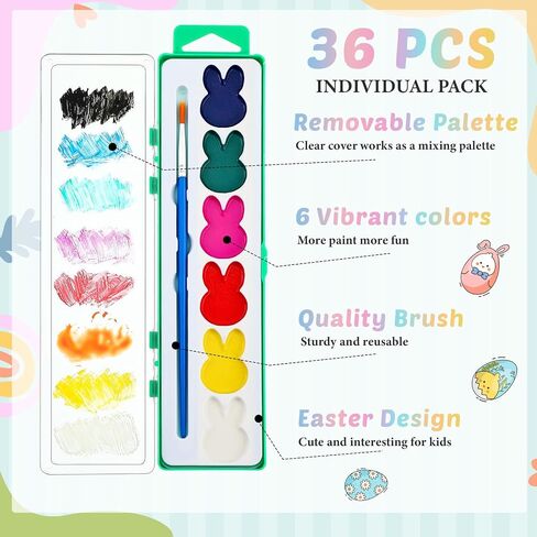 36 Set Easter Bunny Watercolor Paint Sets Bulk 6 Colors Washable Paint Sets Quality Water Color Wooden Brushes for Easter Party Favors, Gifts, Art Supplies in Saudi Arabia
