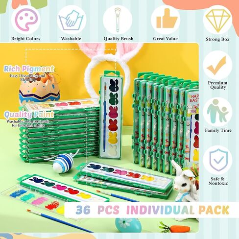 36 Set Easter Bunny Watercolor Paint Sets Bulk 6 Colors Washable Paint Sets Quality Water Color Wooden Brushes for Easter Party Favors, Gifts, Art Supplies in Saudi Arabia