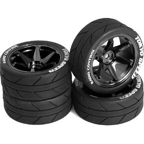 1/10 On Road Tires and Aluminum Wheels 12mm Hex RC Rally Racing Tyres OD 2.56" for Tamiya TT01 TT02 XV01 TA06 A959 PTG2 HPI KYOSHO PTG2 Traxxas 1:10 Street Touring Drift Car 4PCS (Black)
