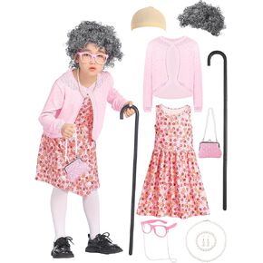 Old Lady Costume Kit 100th Day of School Little Girls with Nightgown Wig Cane & Other Halloween Cosplay