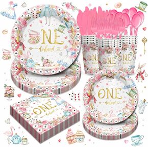 Alice Birthday Party Supplies Tableware - First Birthday Party Decorations Include Plates, Cups, Napkins, Dinnerware, Wonderland Themed One Year Old Birthday Party Supplies | Serves 24