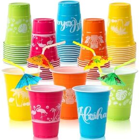 50 Hawaiian Luau Party Decorations Cups with Parasol Straws -16OZ Disposable Party Cups for Tropical Luau Moana Birthday Party Decor Supplies