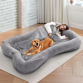 Redlife Human Dog Bed, 72"×48"×10" Human Dog Bed with Blanket and Side Pocket, Extra Large Human Dog Bed for Adult, Waterproof Dog Bed with Washable Faux Fur Fabric (Gray)