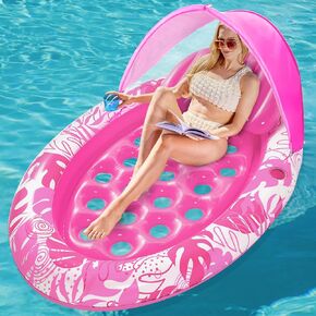 SLOOSH Pool Floats with Canopy - XL Oval Pool Raft Inflatable Float for Adults with Adjustable Sun Shade Cover, Swimming Pool Tanning Float Lounge Floating Mat Cup Holders, Removable Backrest
