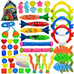 45 Pcs Pool Diving Swimming Toys for Kids Ages 3-12 Summer Pool Game Toys Set with Diving Door Diving Stick Fish Ring Gemstone Storage Bag for Boys Girls Underwater Dive Toys
