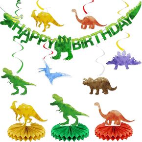 Watercolor Dinosaur Happy Birthday Banner Kids Party Decorations Pre-Strung 6 Hanging Swirl Streamer 3 Honeycomb Centerpieces