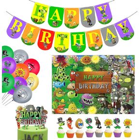 Plants Game Theme Birthday Party Supplies Decoration Kit with Happy Birthday Backdrop, Zombies Banners, Cake-Cupcake Topper, Balloons for Kids Boys Game Players PVZ Party Decor, 33PCS In All