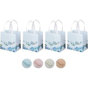 4 Pcs Medium Size Reusable Cloth Gift Bags with handles and Tissue Paper, Adorable Fish pattern, For Her, Girl, Boy, Baby, Kids Birthday, Thank You Bag