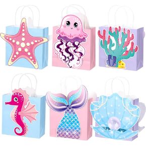 MotiMind 24 Pcs Mermaid Birthday Party Favor Bags Mermaid Tail Gift Bags with Handles Sea Goodie Treat Boxes for Princess Baby Shower Party Supplies