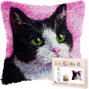 DIY Latch Hook Pillow Kits Black and White Cat with Green Eyes Printed Pillowcase Crochet Yarns Hooking Handmade Pillow Cover Cushion for Home Sofa Decoration 17x17inch-1