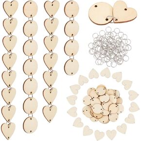 100pcs عائلة عيد ميلاد علامات بلاك علامات القلب الخشبية مع الثقوب دوائر الخشب و 100pcs خواتم القفز روابط الخشب غير المكتم