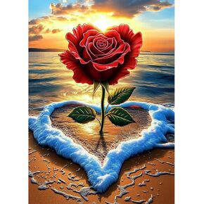 Lxmsja Rose Diamond Art Kits for Adults, Beach DIY Full Drill Diamond Painting Kits for Beginners, 5D Gem Art Crafts for Adults, Home Wall Decor 12x16 inch