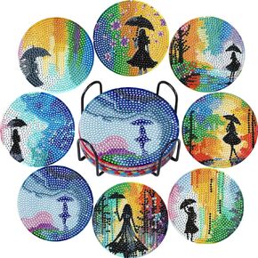 8 PCS Diamond Art Coasters Kit, Diamond Painting Coasters with Holder, Fall Diamond Art Kits for Adults Beginners, Arts and Crafts Supplies Party Item Sets Rainbow Rain Style